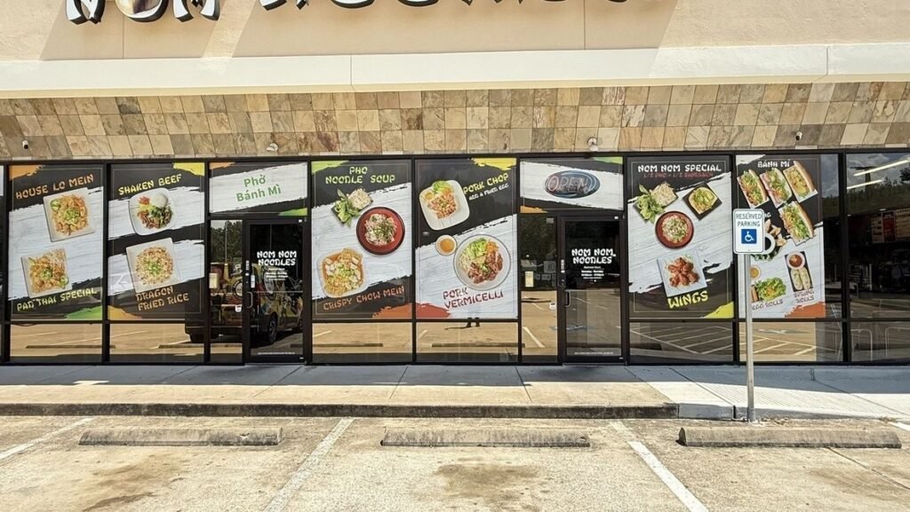 Restaurant storefront window graphics with full-color food photos in Houston