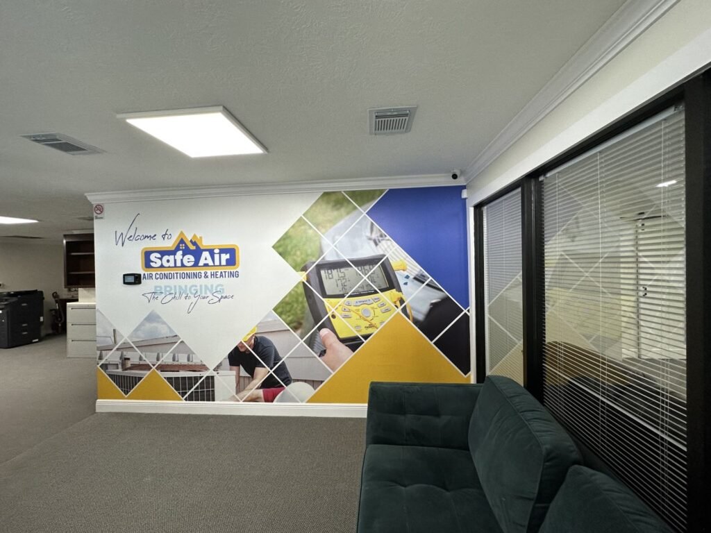 Geometric branded wall graphics in the Safe Air office in Houston